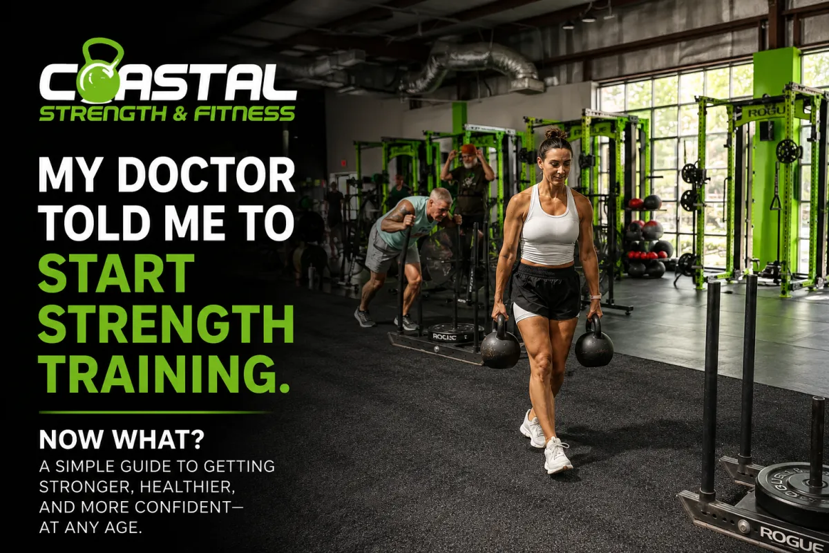 Coach leading adults through strength training at Coastal Strength & Fitness in Newport News, VA for a guide on getting started with strength training after your doctor recommends exercise.