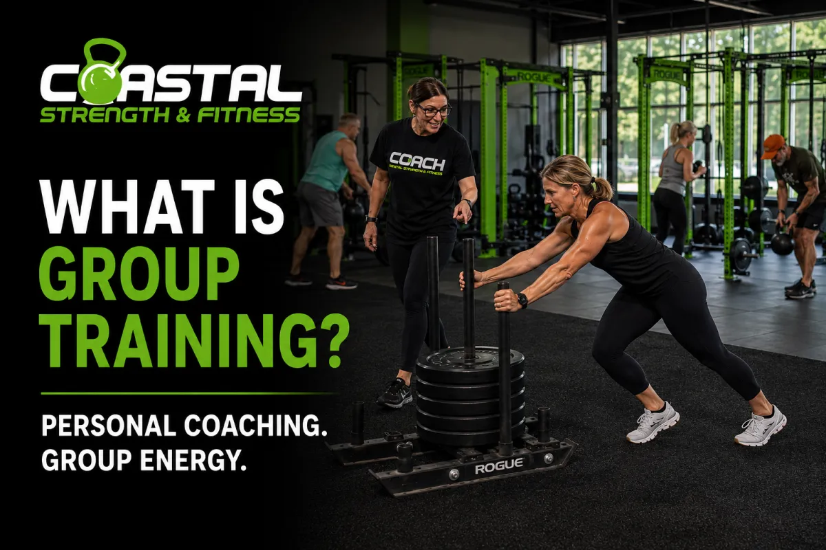 Female coach guiding a member pushing a weighted sled during group training at Coastal Strength & Fitness in Newport News, VA.