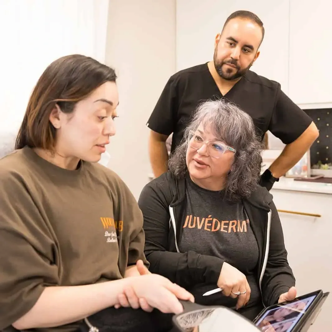 Barbara discussing treatment options with a client, emphasizing safety and care