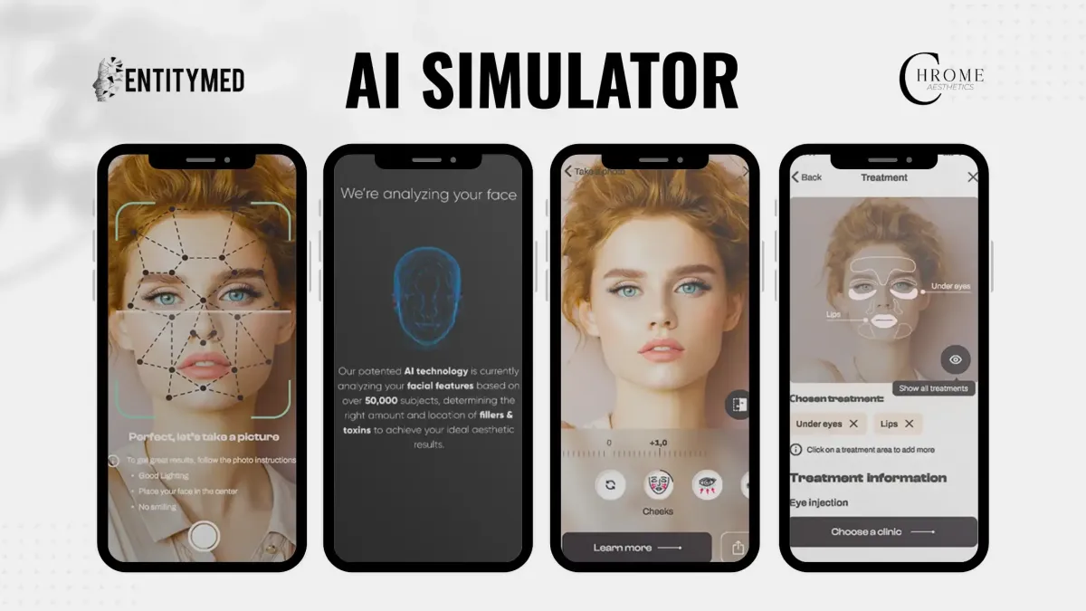EntityMed AI Simulator app showing step-by-step instructions on how to use the facial aesthetics simulation tool for personalized treatment previews.