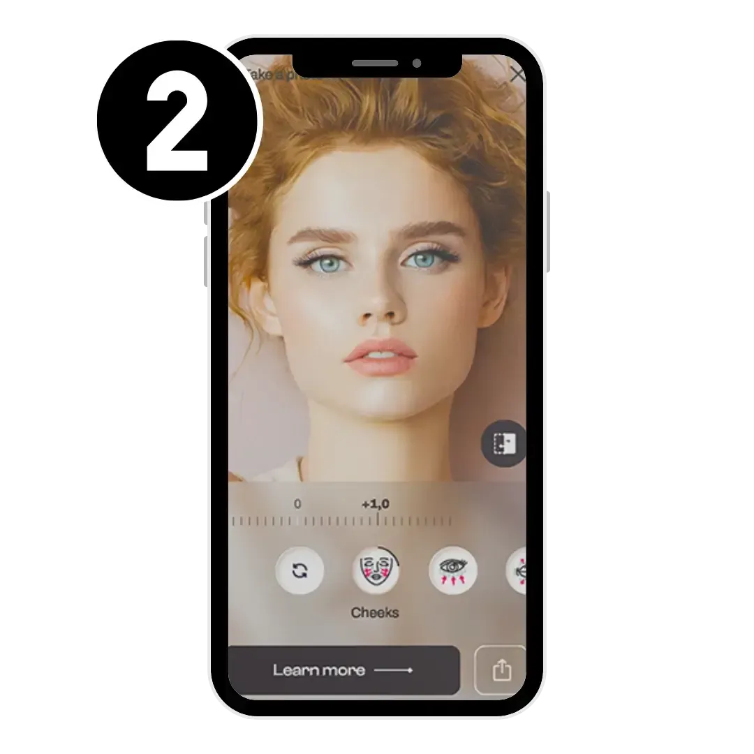 EntityMed AI Simulator Step 2: Select facial areas of interest and adjust treatment intensity to preview natural-looking results.