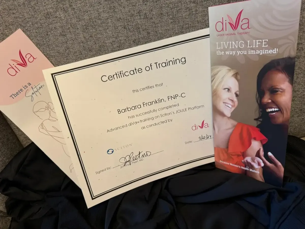 Certificate of Training awarded to Barbara Franklin, FNP-C for advanced anti-aging training in botulinum and dermal fillers alongside diVa brochures.