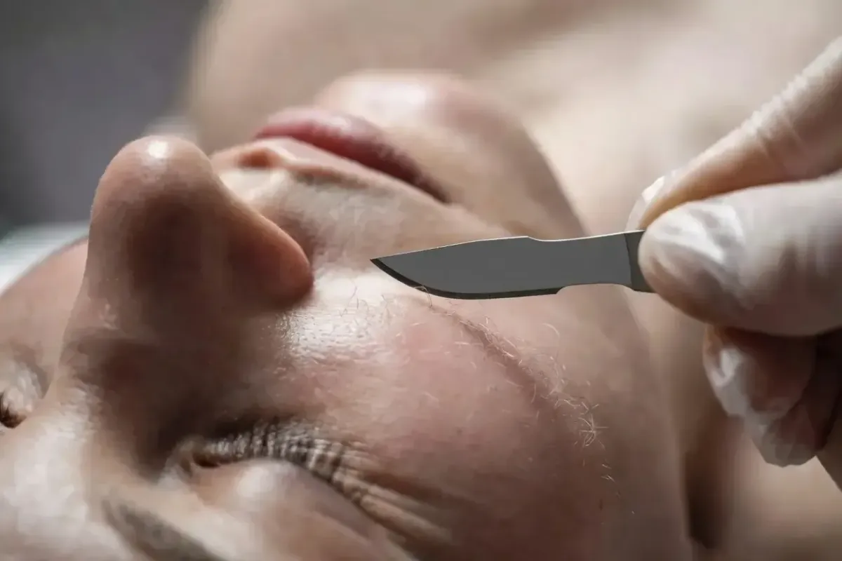 Gloved practitioner performs dermaplaning on a patient’s face using a sterile blade during a clinical treatment.