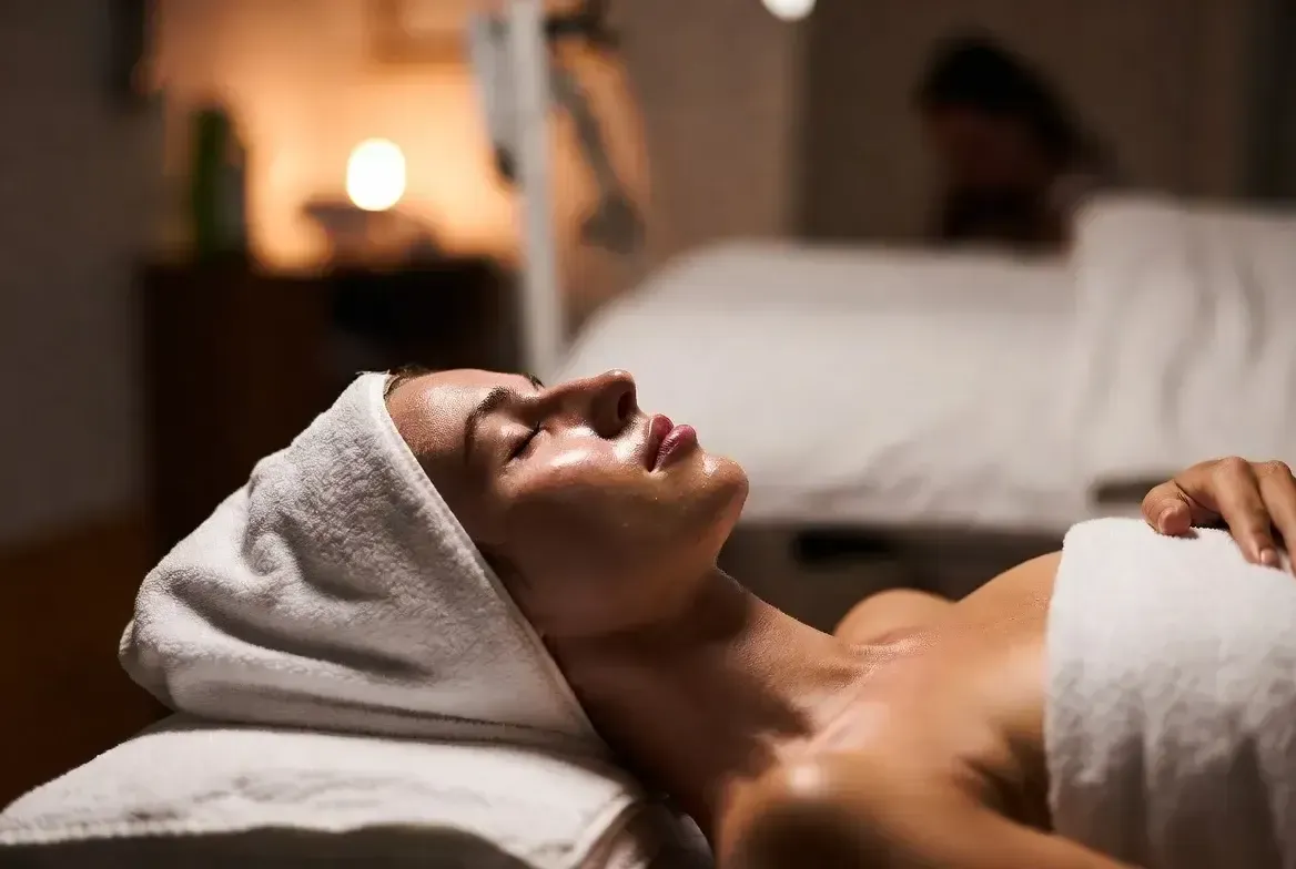 Woman relaxes with eyes closed during a signature facial treatment, wrapped in towels in a serene spa setting.