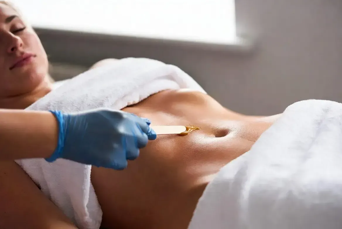 Gloved practitioner applies wax to a woman’s abdomen during an abdomen wax treatment while she lies on a treatment bed.