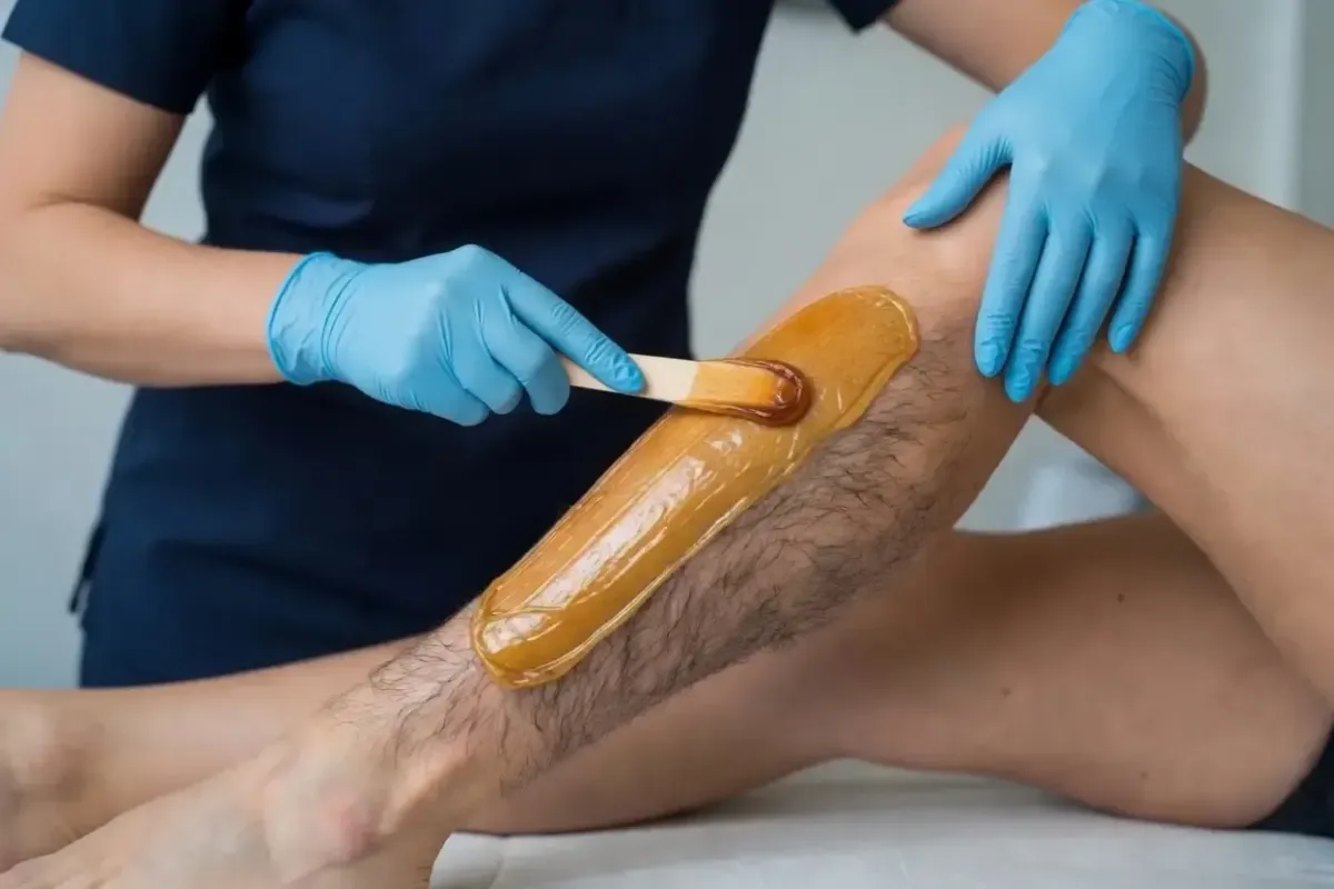 Gloved practitioner applies wax to a man’s hairy leg during a half leg wax treatment in a clinical setting.