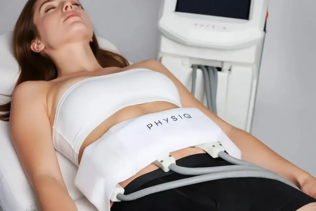 Woman relaxes during a Physiq body contouring treatment with the device belt wrapped around her abdomen.
