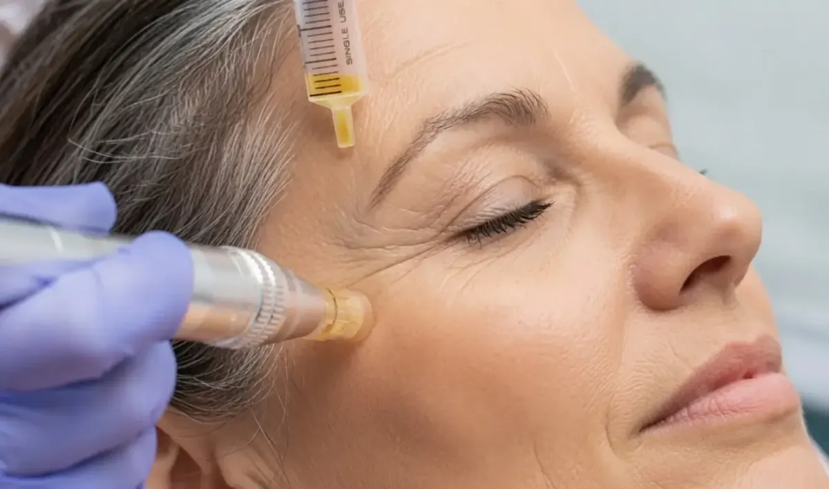 Gloved practitioner performs a Vampire Facial with microchanneling and PRP on a woman’s forehead and eye area during treatment.