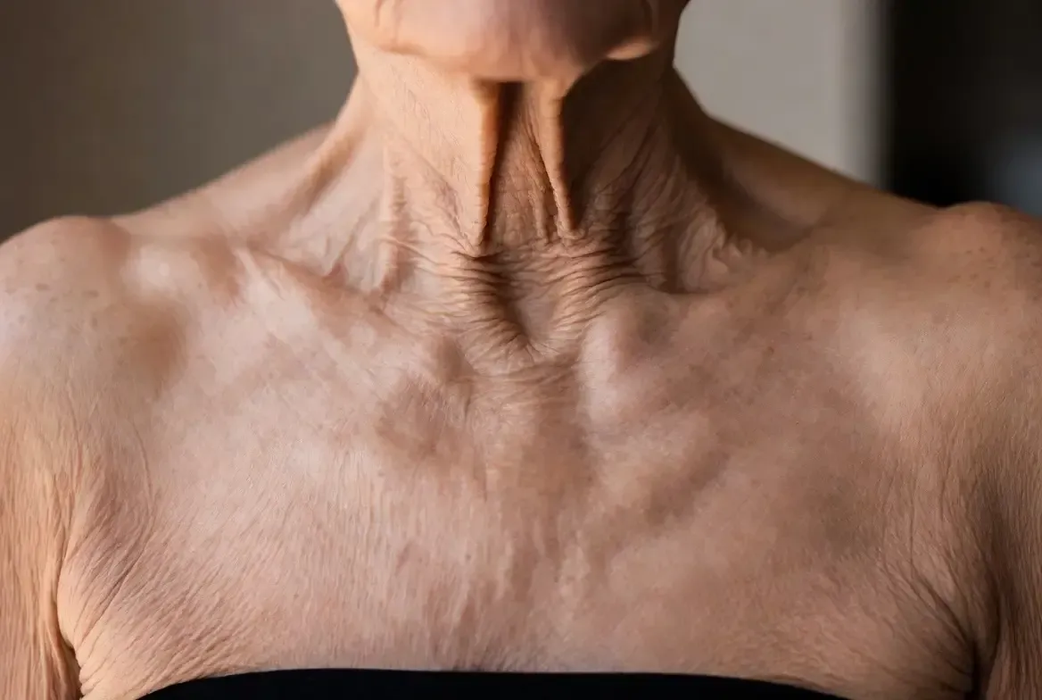 Close-up view of neck and chest area with visible skin laxity, wrinkles, and crepey texture, representing a common concern addressed by the Vampire Breast Lift.