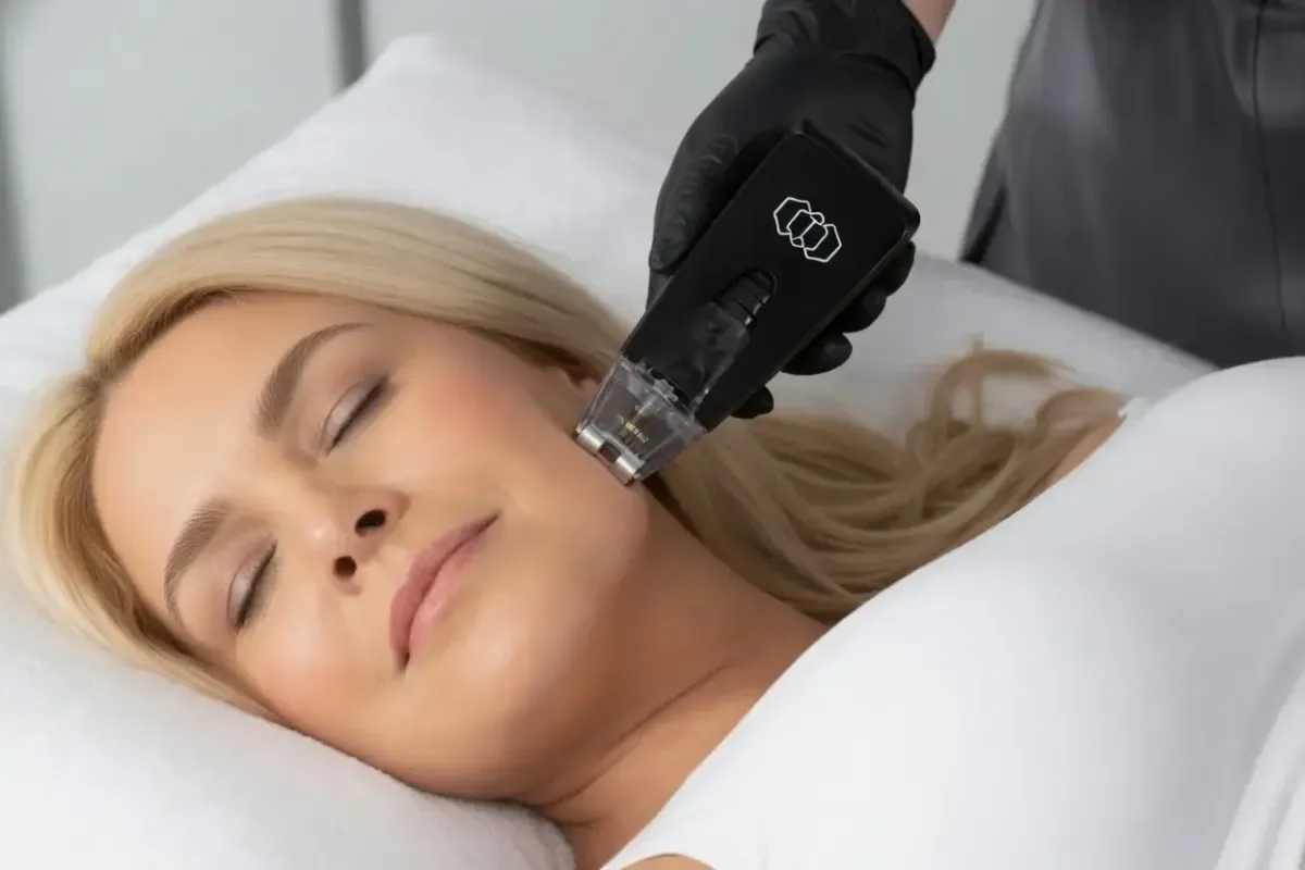 Gloved practitioner performs radiofrequency microneedling treatment on the face of a blonde woman relaxing with eyes closed.