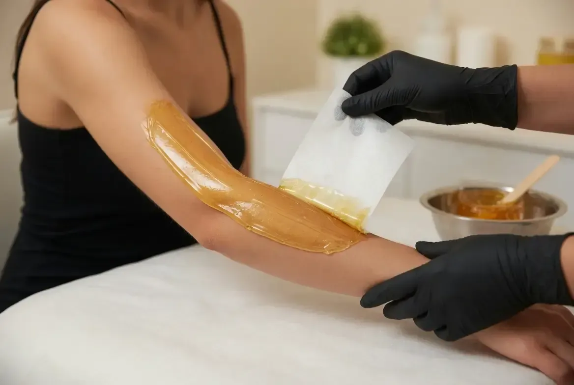 Gloved practitioner removes wax from a woman’s upper arm using a strip during a full arm wax treatment.