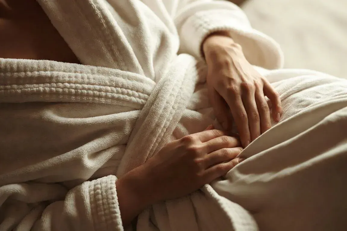 Woman in a soft white bathrobe resting comfortably, representing a private and supportive experience for vaginal labial restoration at Chrome Aesthetics.
