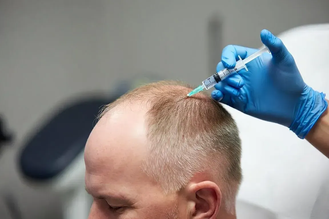 Practitioner performs a Vampire Hair Restoration (PRP) injection into a patient’s scalp to stimulate hair growth at Chrome Aesthetics.