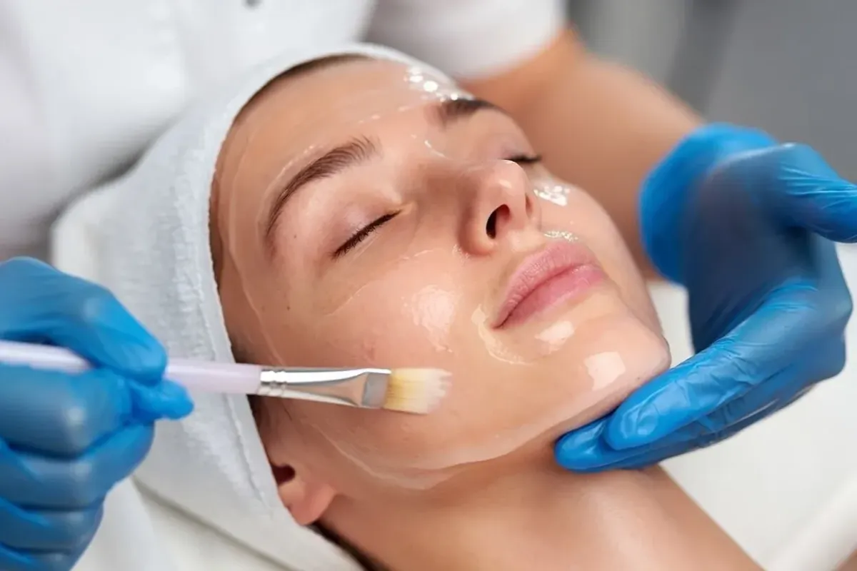 Practitioner applies PRX solution with a brush during a Derm Perfection Plus facial treatment on a client at Chrome Aesthetics.
