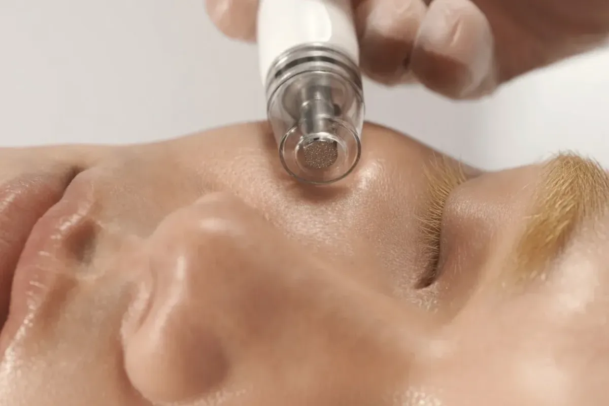 Close-up of a DiamondGlow Deluxe treatment using a diamond-tip handpiece on a client’s face for exfoliation and infusion at Chrome Aesthetics.