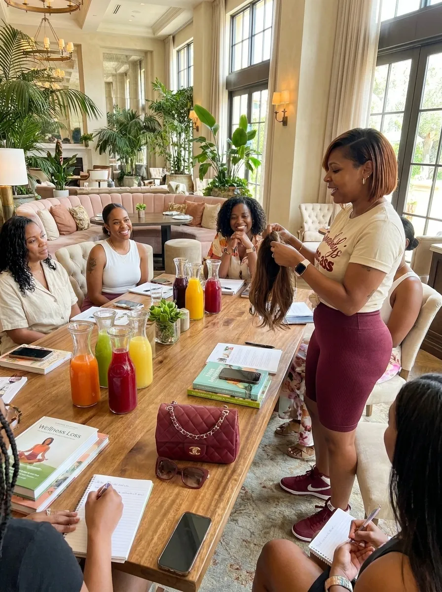 Instructor demonstrating a hairpiece to students in a luxury masterclass setting