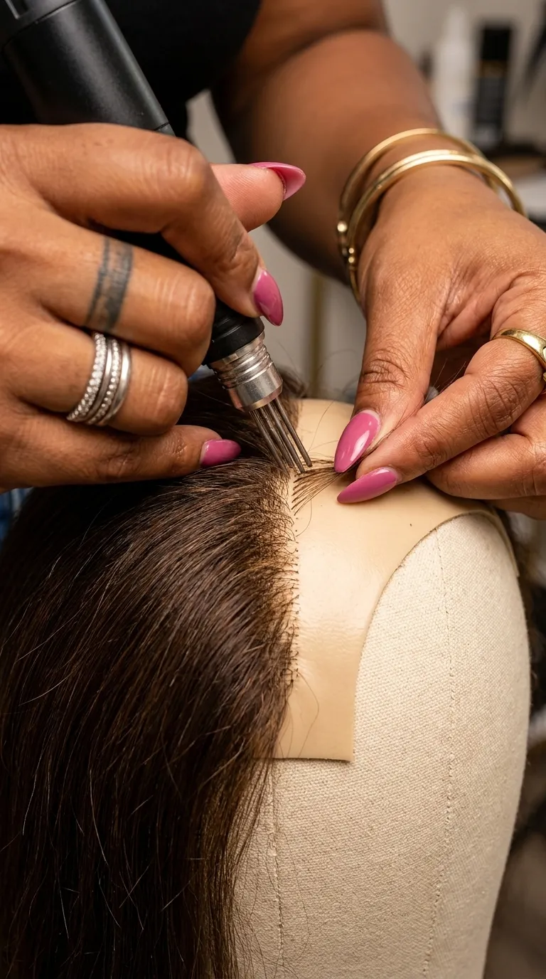 Close-up hair topper construction demonstration (ventilating/injection)
