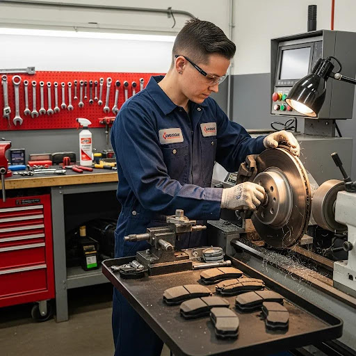 a brake mechanic doing a brakes resurfacing and refinishing work on a brake rotor