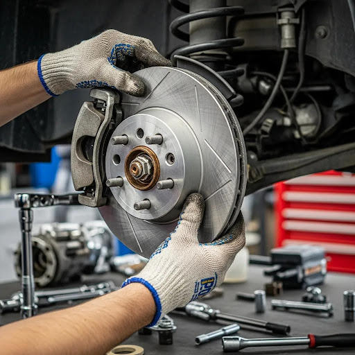 A Mechanic working on brake line and rotors in garage to ensure vehicle safety and reliable stopping