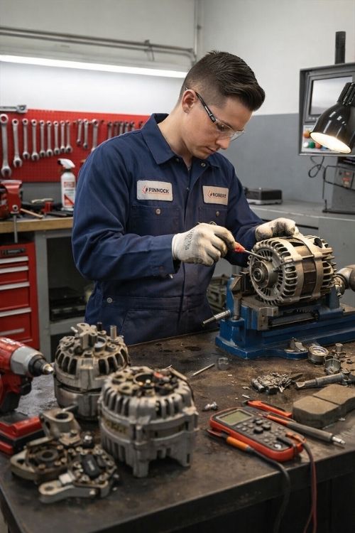 Mechanic working on an alternator at Deals Tires shop