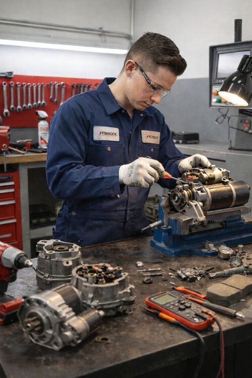 Mechanic working on an alternator at Deals Tires shop