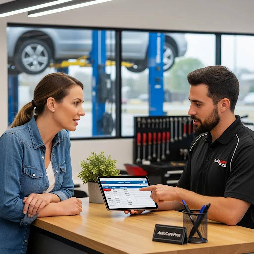 Experienced brakes Technician in the reception giving to a new customer an estimates before any work begins