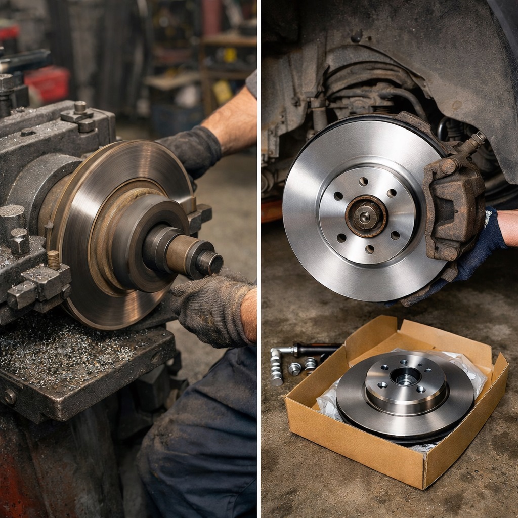 brake resurfacing and refinishing work on a brake rotor done by a mechanic in deals tires brake shop