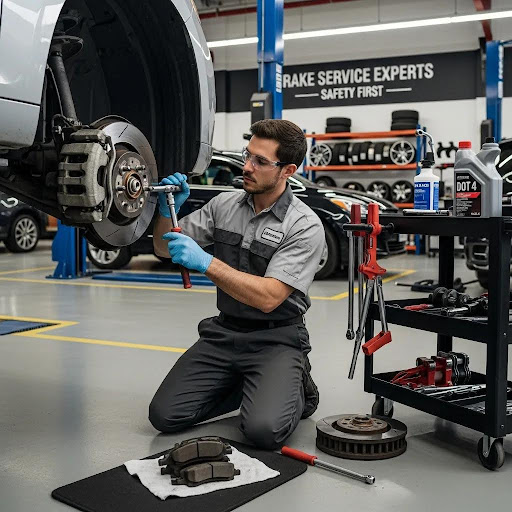Mechanic in Deals Tires Brake shop doing bake replacement with pads and calier repair