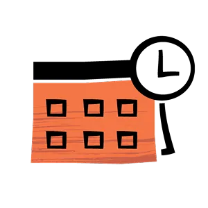 Graphic of calendar with a clock graphic in corner.