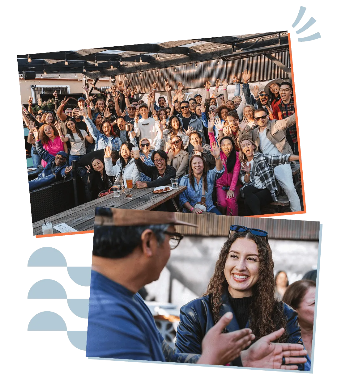 Photo collage of a big group of happy Airventure Academy students gathered at a meetup. And a woman smiling while chatting with Jesse Vasquez.