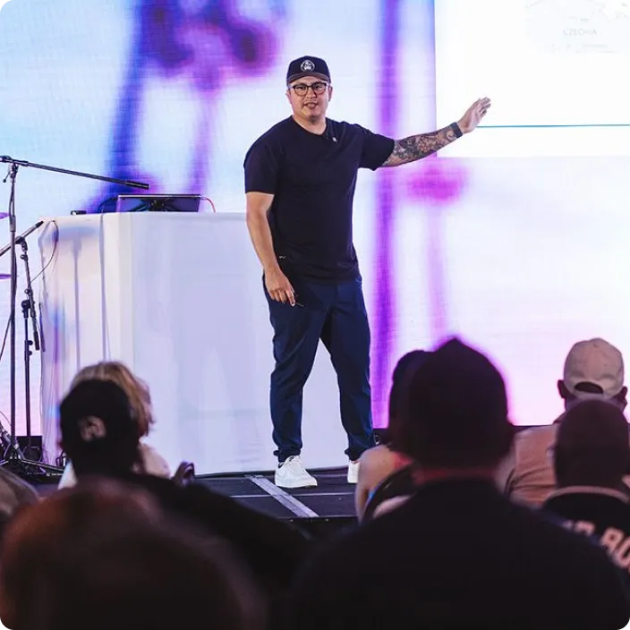 Jesse Vasquez on stage at Mid-Term Rental Summit.