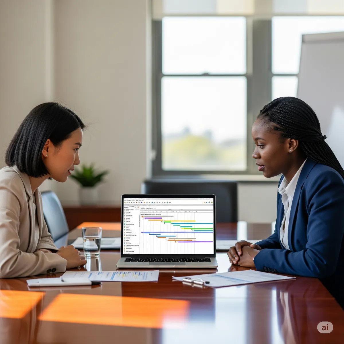 Two women seated at a table discussing a project plan