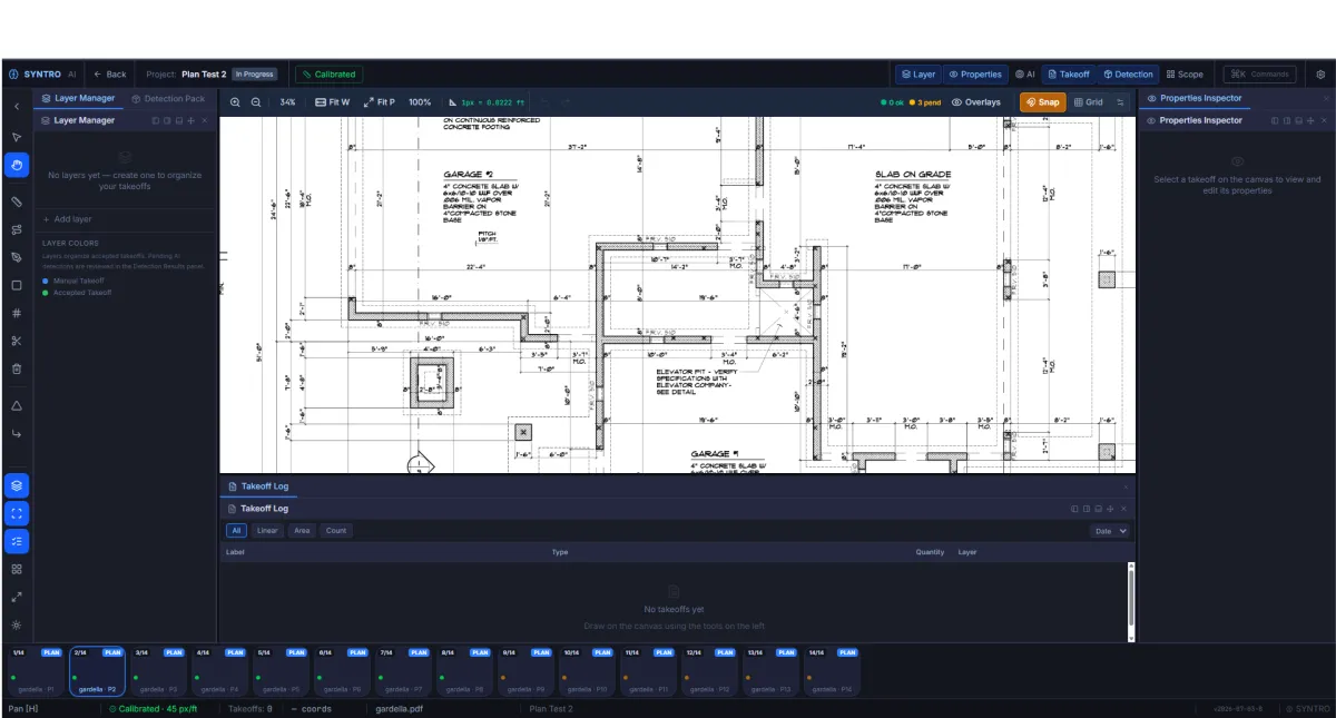 AI Takeoff UI overlay calculating measurements on a builder blueprint
