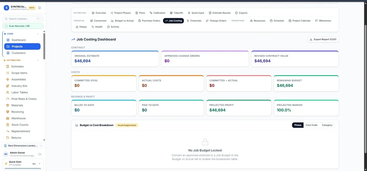 Job Costing Dashboard interface
