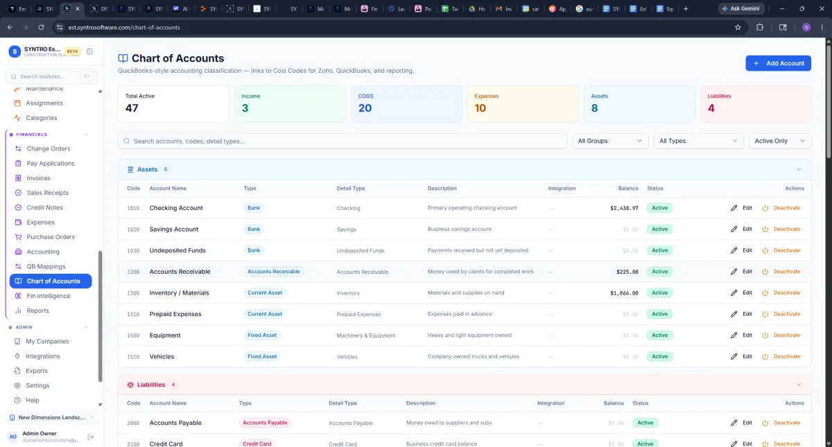 Advanced Estimating interface