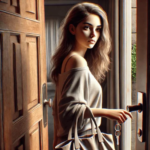 Woman about to leave the house via the front door but she has stopped because she has forgotten to do something.