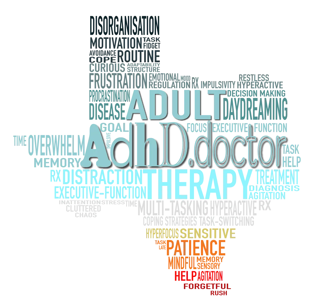 Adult ADHD.doctor Texas shaped with words like disorganisation, distration, overwhelm, sensitive, hyperactive