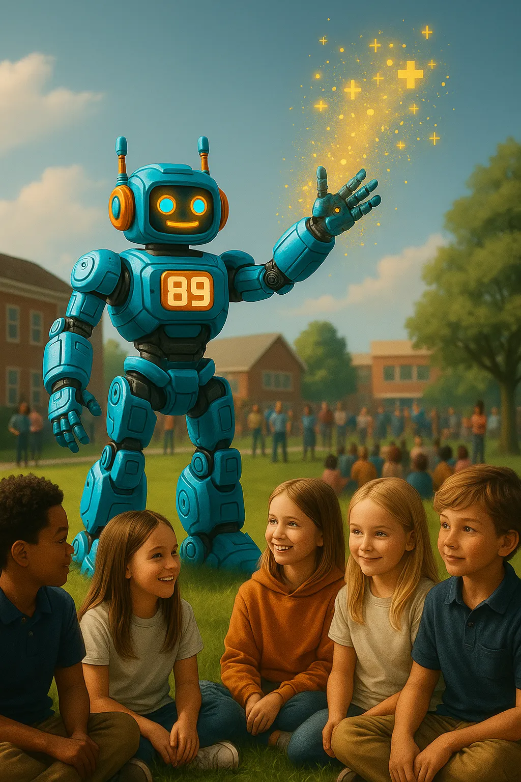 A friendly turquoise and orange robot with the number 89 on its chest interacts with a diverse group of smiling elementary school students seated on the grass, while families and educators watch in the background near a school building, symbolizing AI-driven learning and community connection.