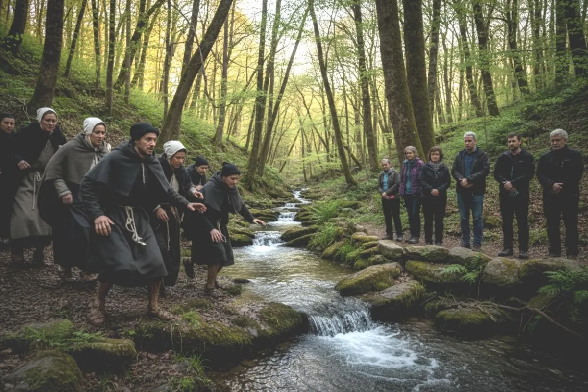 Ein quadratisches Bild eines alten Pergamentmanuskripts mit handgeschriebener deutscher Schrift, das auf einem Holztisch neben einer Feder und einem Tintenfass liegt. Sanftes natürliches Licht hebt die Textur des Papiers hervor und vermittelt ein Gefühl historischer Authentizität und Ehrfurcht vor dem Dokument.