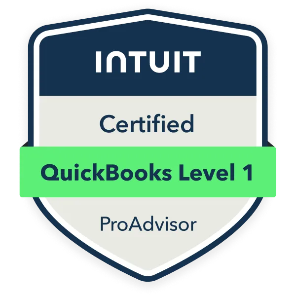 QuickBooks ProAdvisor Certified Level 1 badge – Booqkeeping trusted professionals for small business bookkeeping.