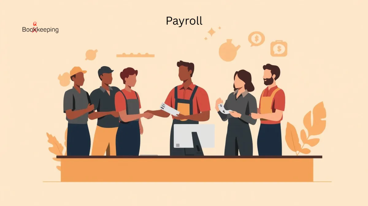 Small business owner at desk handing out paychecks to three happy employees, with two more staff members beside him – Booqkeeping