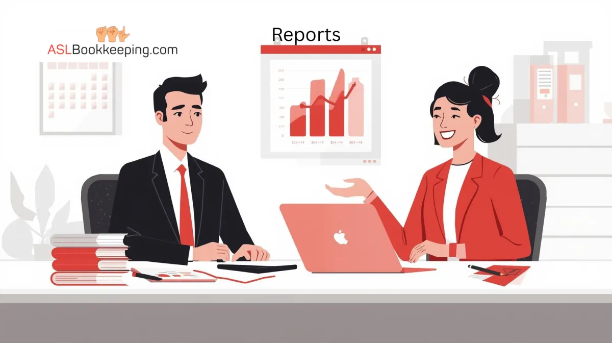 Female bookkeeper with laptop explaining financial reports and dashboards to a business owner at her desk – Booqkeeping.com QuickBooks reporting services for smarter small business decisions.