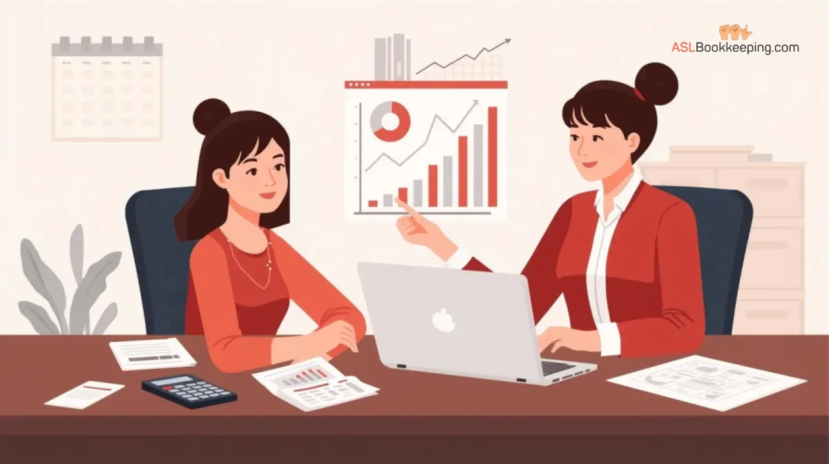 Female bookkeeper in office explaining financial statements and growth chart to small business owner, with laptop and charts on wall – Booqkeeping.com bookkeeping services.