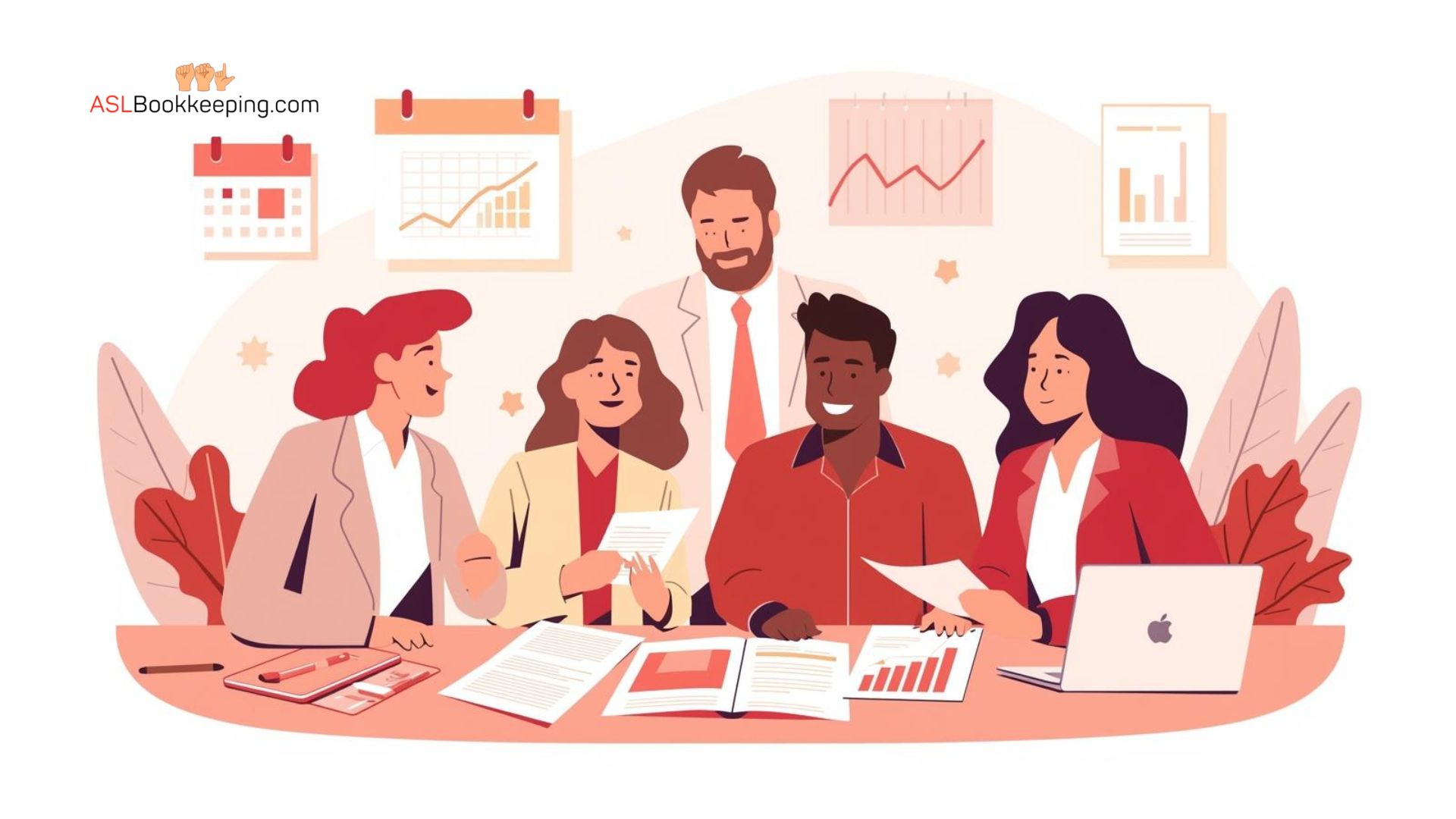 Team of five professional bookkeepers in office collaborating at a table, reviewing client financial records and discussing bookkeeping solutions – Booqkeeping.com small business bookkeeping services.