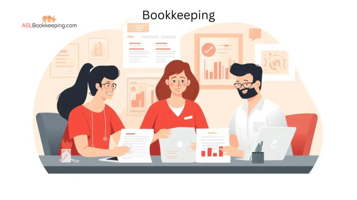Three professional bookkeepers sitting at a table reviewing client reports and financial records – Booqkeeping.com QuickBooks bookkeeping services for small businesses.