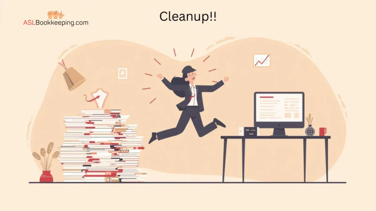 Small business owner jumping with joy in office after bookkeeping cleanup, with messy pile of files on one side and clean financial statement on computer screen – Booqkeeping.com bookkeeping catch-up services.