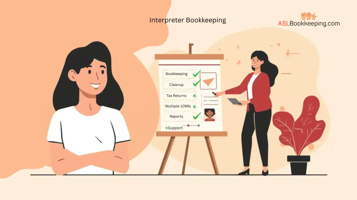 Female bookkeeper in office standing by easel with five listed services on board, explaining bookkeeping, cleanup, payroll, tax prep, and reporting to small business owner – Booqkeeping.com complete financial back-office services.