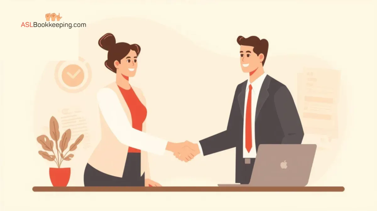 Female business owner in office shaking hands with professional bookkeeper at desk, both in business attire – Booqkeeping.com Proof & Promise: QuickBooks ProAdvisor certified, family-owned, personal service, US-based support, and no contracts.