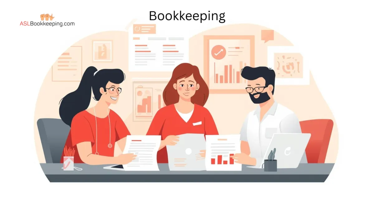 A professional ASL-focused bookkeeping team reviewing interpreter expense reports, 1099s, and financial records — ASLBookkeeping.com QuickBooks services for freelance interpreters.