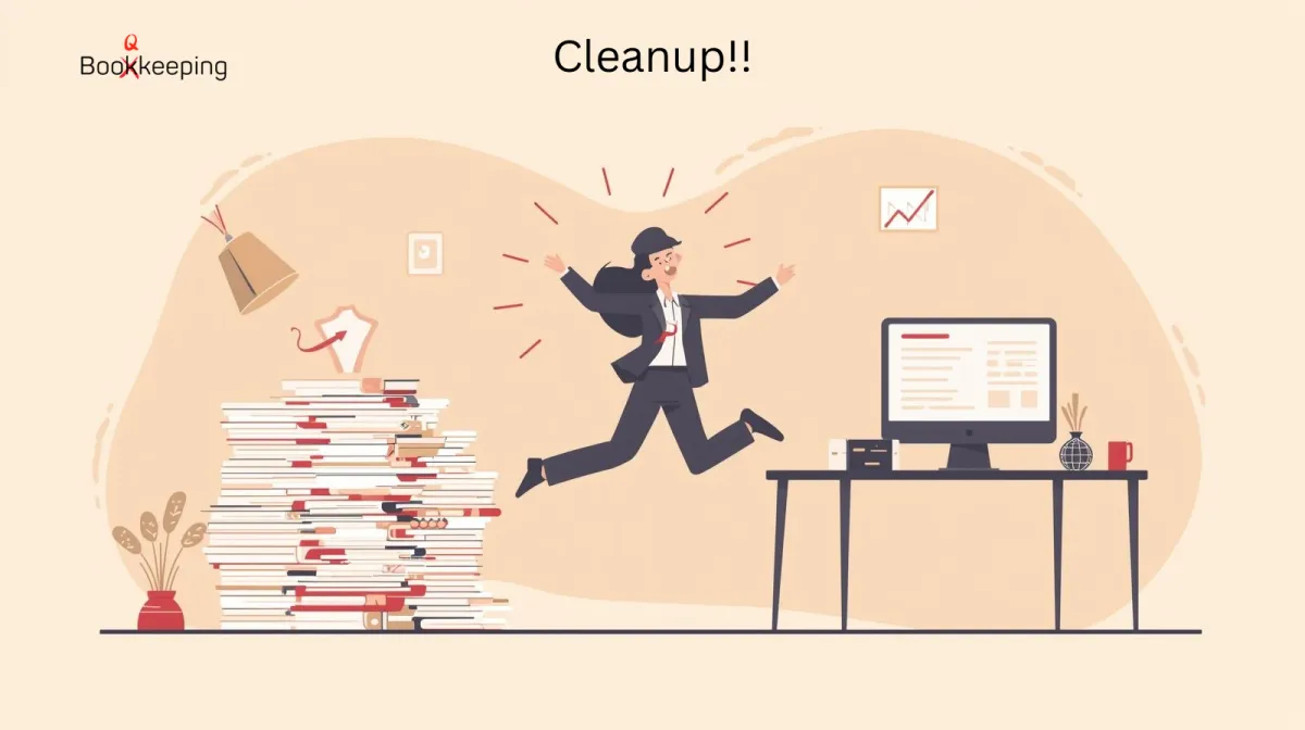 Small business owner jumping with joy in office after bookkeeping cleanup, with messy pile of files on one side and clean financial statement on computer screen – Booqkeeping bookkeeping catch-up services.